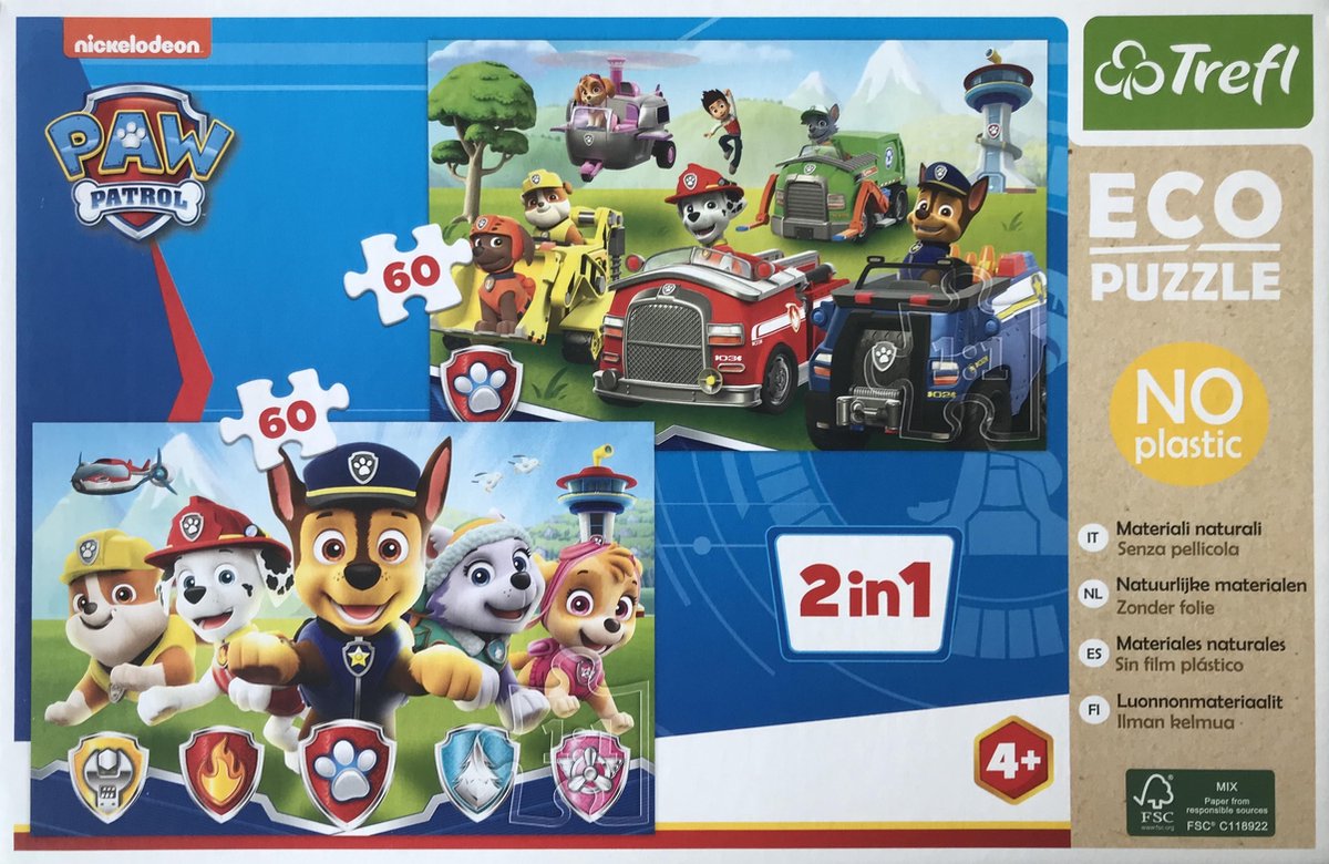 Paw Patrol Puzzel | 2 x 60 Stukjes | FSC Gecertificeerde Eco Puzzel | Duurzame Puzzel